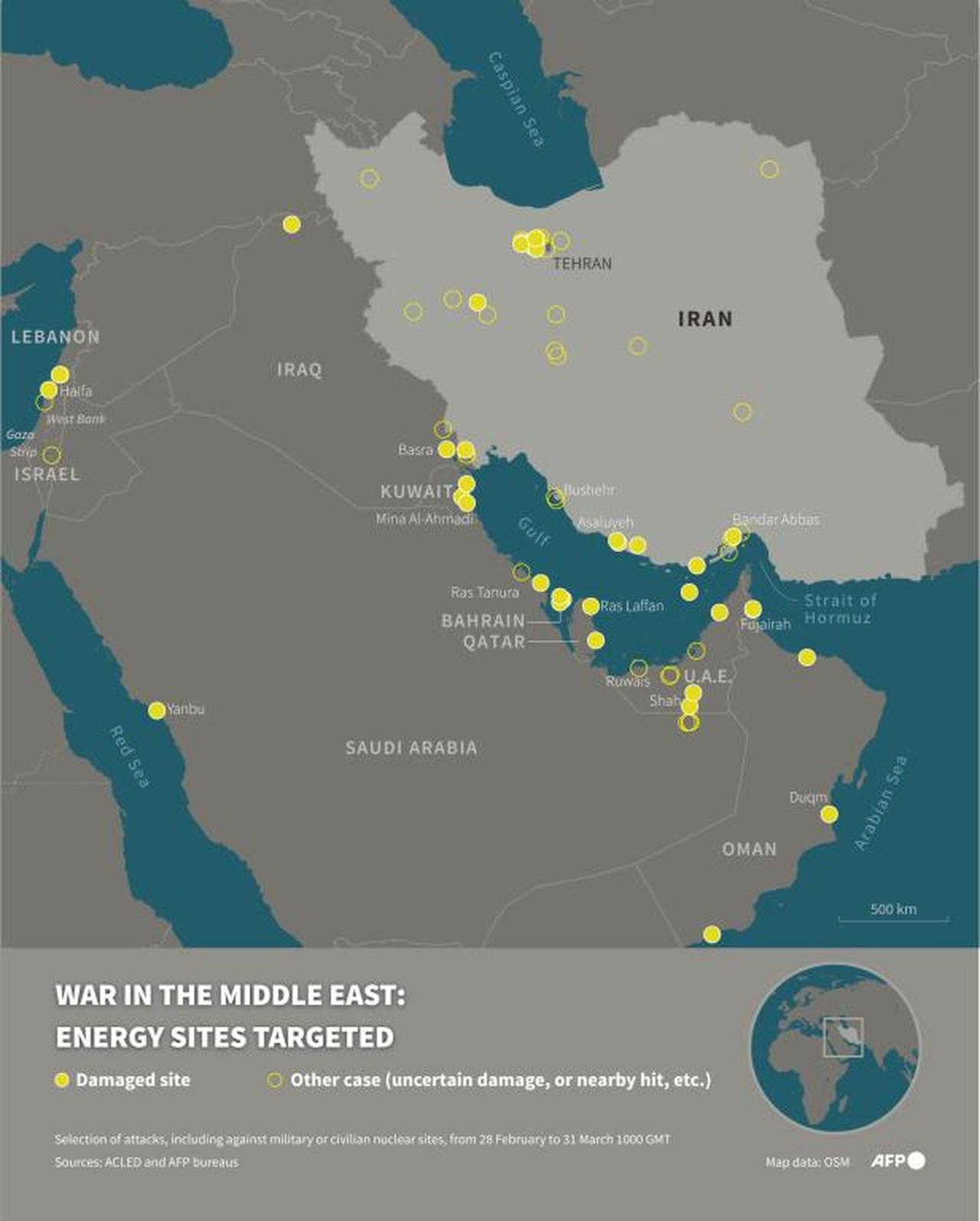 Infographic with a map showing the main energy sites (oil depots, refineries, fields, etc.) attacked since the beginning of the war in the Middle East on February 28 to March 31 at 1000 GMT, according to a non-exhaustive count based on information gathered by AFP and supplemented by data from the NGO ACLED and the ISW-CTP (AFP Graphics)