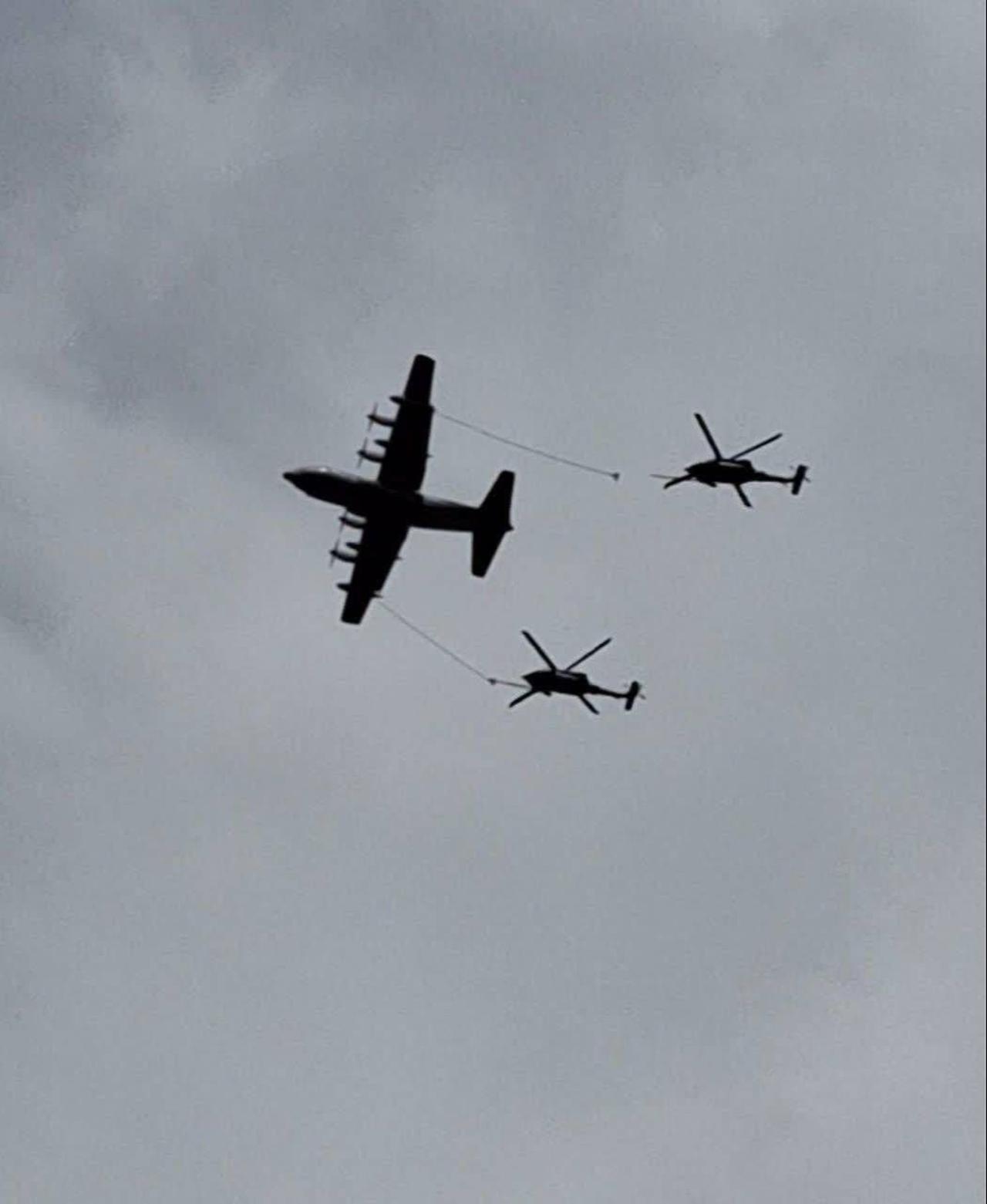 The photo shows a KC-130J Super Hercules aircraft during aerial refueling of two HH-60W Jolly Green II helicopters over Iran during CSAR operations for missing F-15E pilots. (Photo via Telegram)