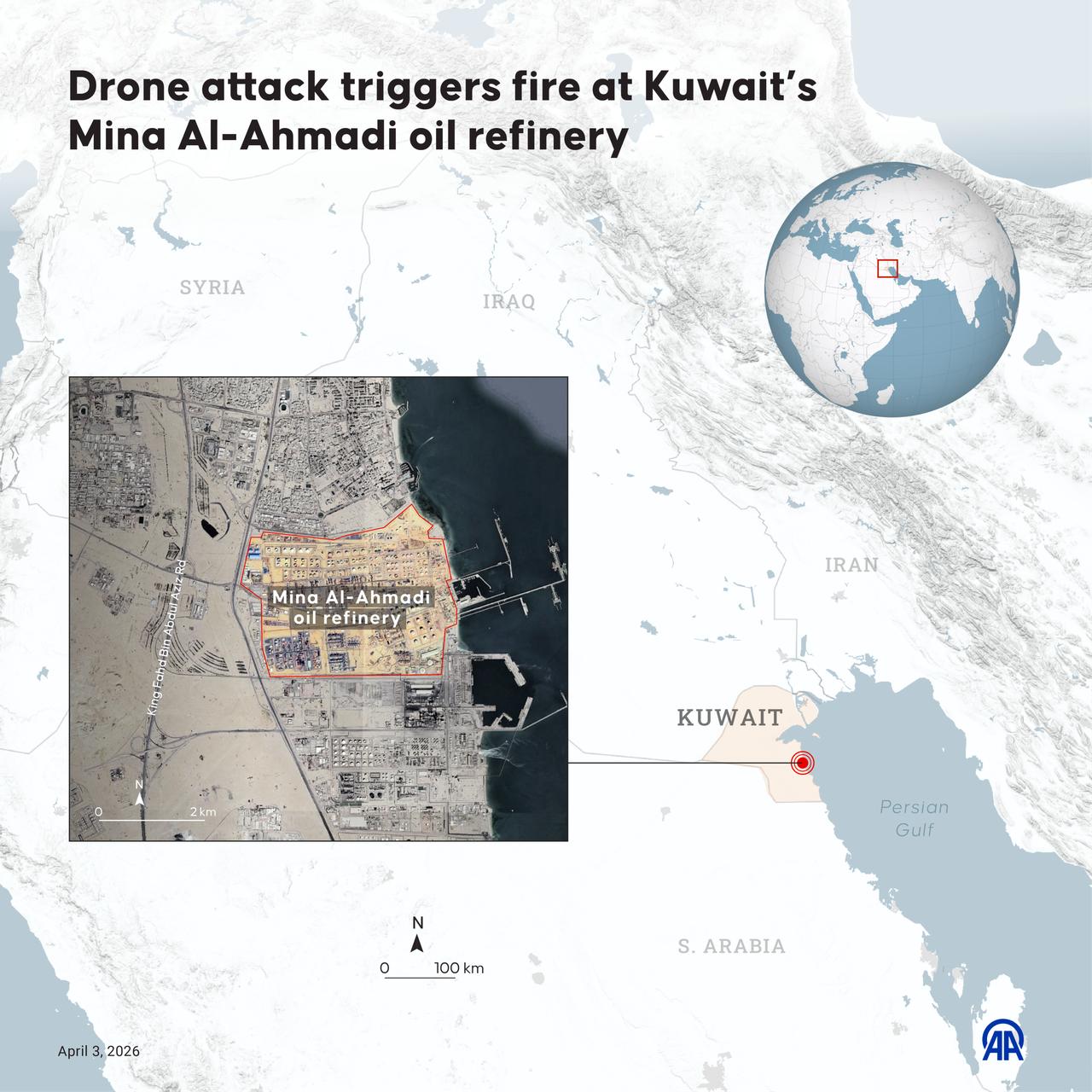 An infographic titled "Drone attack triggers fire at Kuwait’s  Mina Al-Ahmadi oil refinery" created in Ankara, Türkiye on April 3, 2026. (AA Graphics)