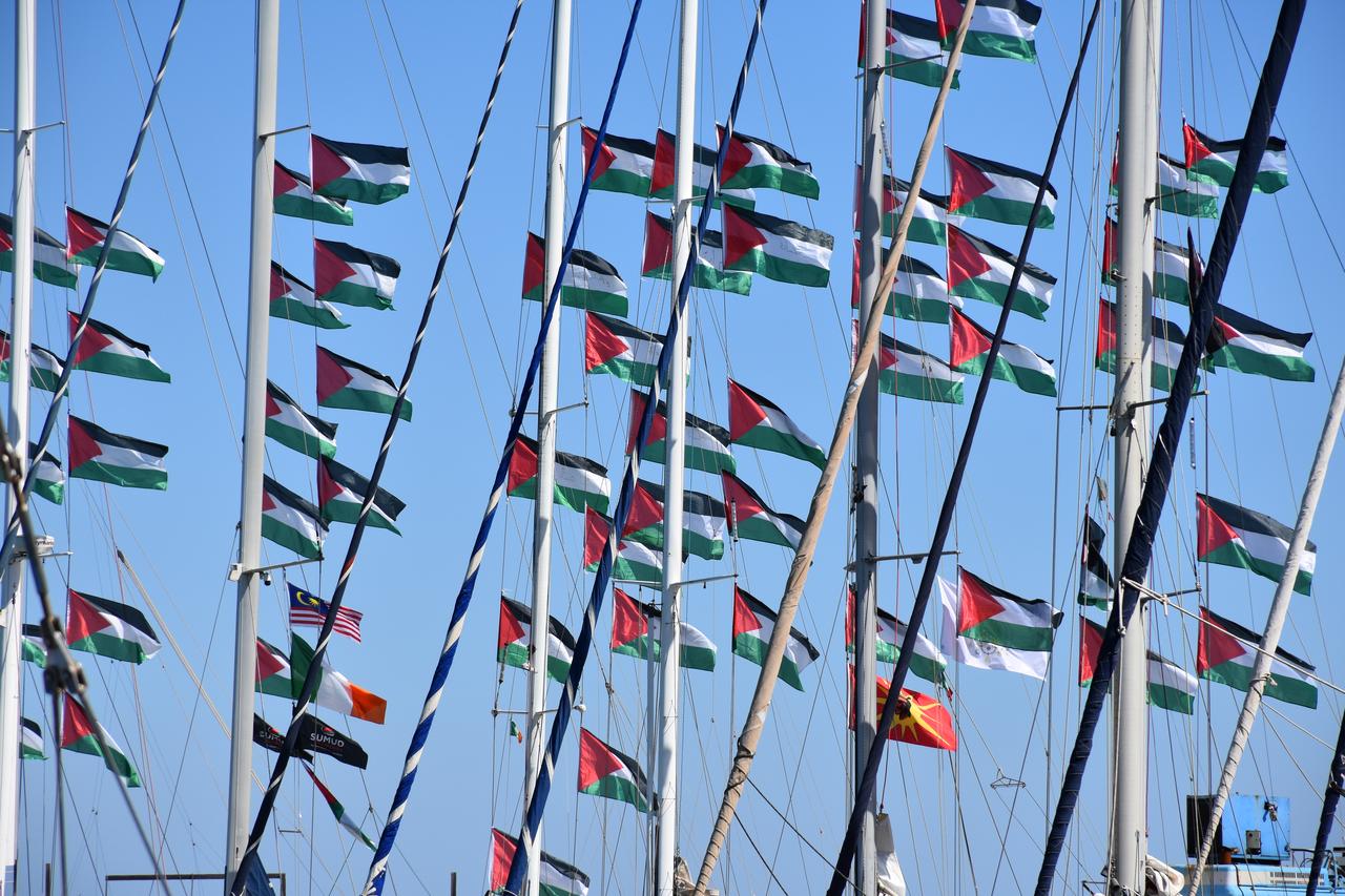 A view of the vessels flying Palestinian flags of the “2026 Spring Mission” of the Global Sumud Flotilla, which aims to break the blockade on Gaza, in Sicily, Italy, April 25, 2026. (AA Photo)