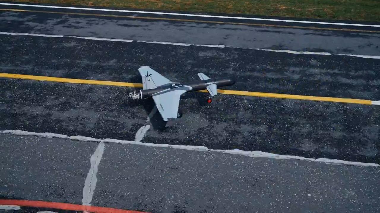 The photo shows Baykar's Mizrak (Spear), an autonomous long-range loitering munition, during tests at an unspecified location and time. (Photo via screengrab from X/@BaykarTech)