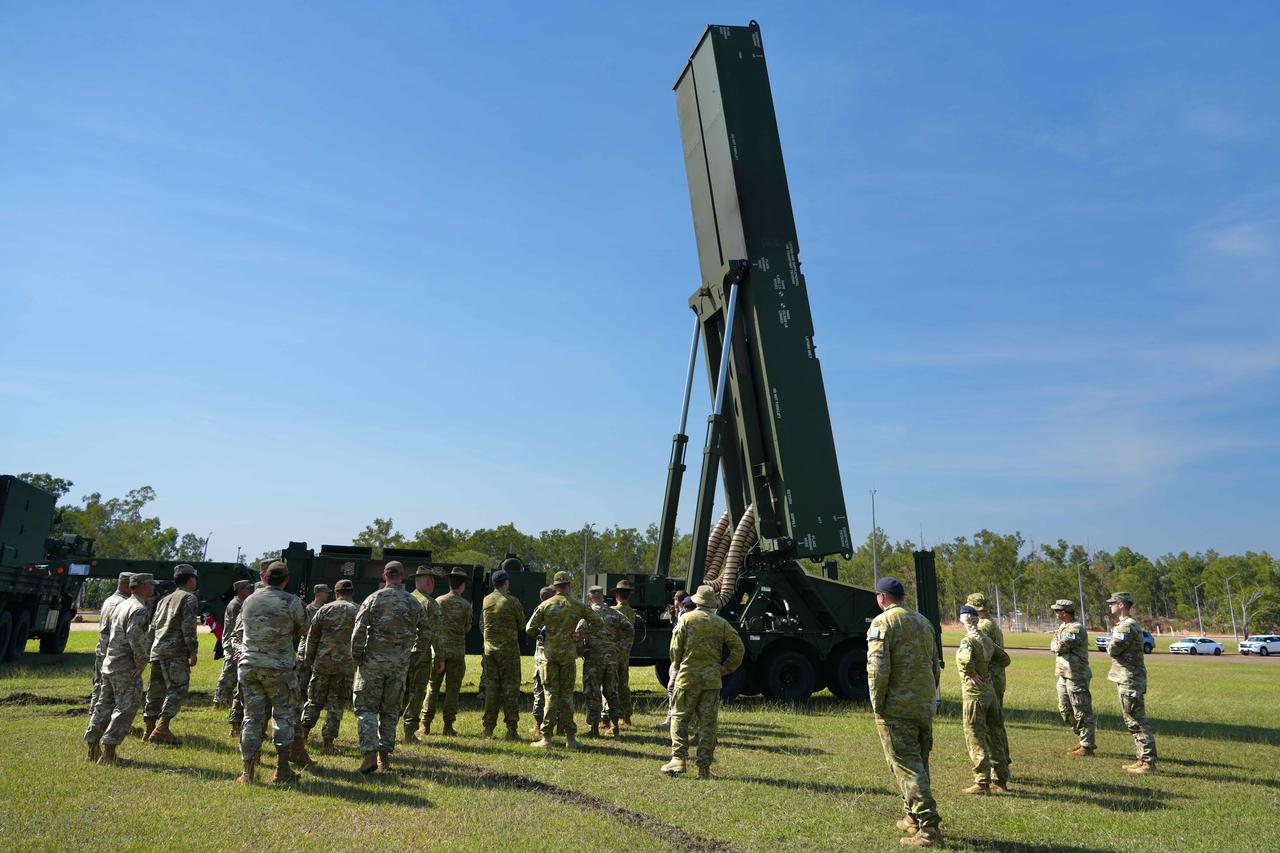 Soldiers from B Battery (Dark Eagle), 5th Battalion, 3d Field Artillery Regiment (LRFB), give a capabilities brief on the Long Range Hypersonic Weapon System in Northern Territory, Australia, July 9, 2025. (Photo via U.S. Army)