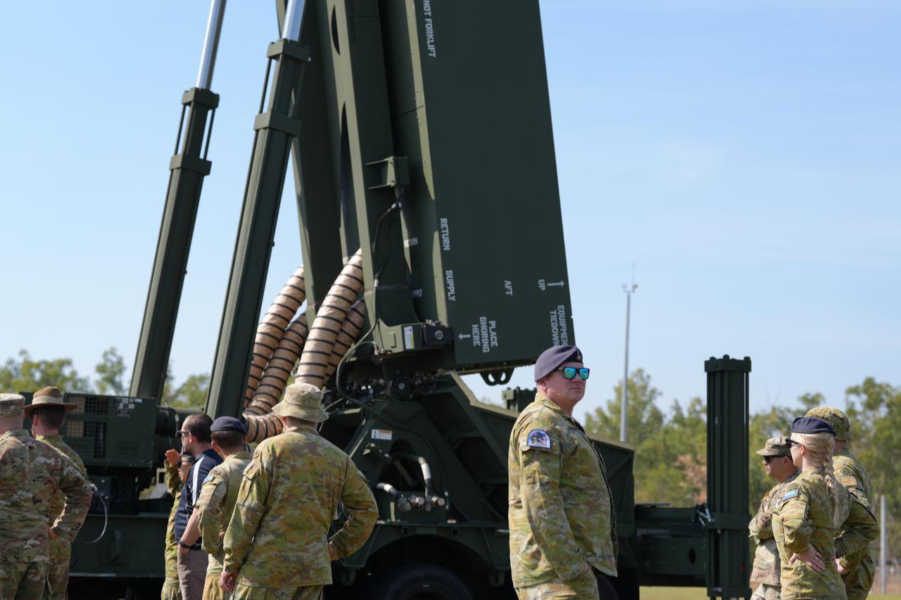 Soldiers from B Battery (Dark Eagle), 5th Battalion, 3d Field Artillery Regiment (LRFB), give a capabilities brief on the Long Range Hypersonic Weapon System in Northern Territory, Australia, July 9, 2025. (Photo via U.S. Army)