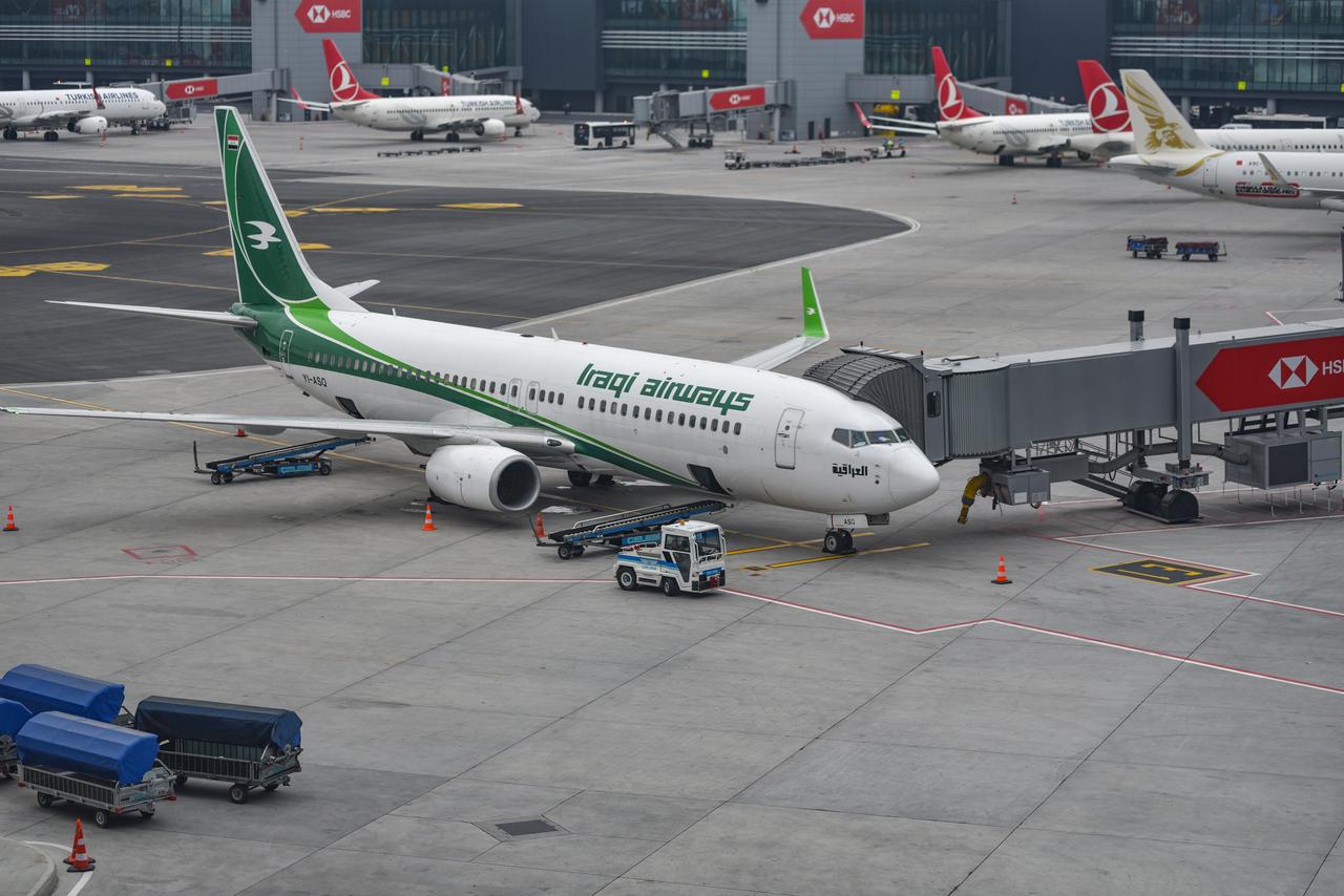 An Iraqi Airways aircraft is parked at a gate at Istanbul Airport in Istanbul, Türkiye, May 14, 2019. (Adobe Stock Photo)