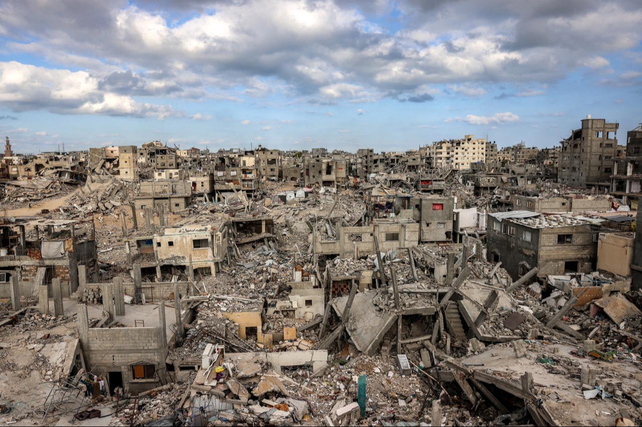 This overview shows destroyed buildings in Khan Yunis in the southern Gaza Strip on October 7, 2024 on the first anniversary of the ongoing war in the Palestinian territory between Israel and Hamas. (AFP Photo)