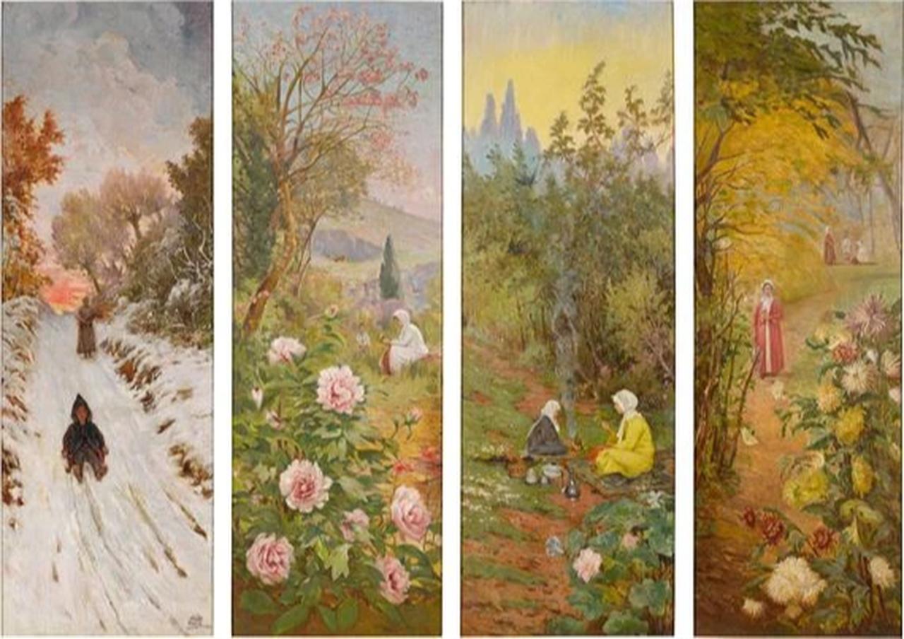 Halil Pasha’s four panel painting depicting the four seasons, sold for a record price at Sotheby’s auction, April 30, 2026. (Photo via MutualArt)