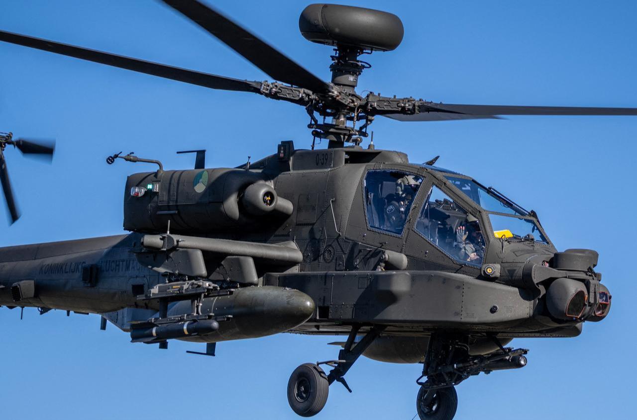 A Dutch Boeing AH-64 Apache attack helicopter takes part in a combat display during military exercise Aurora 26 at the Revingehed training field outside Lund in Skane, Southern Sweden, April 29, 2026. (AFP Photo)