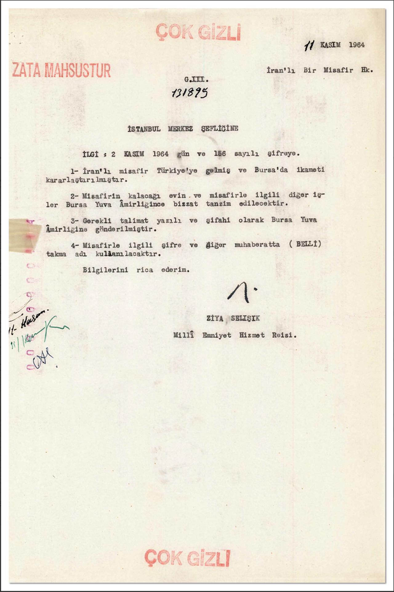 A previously classified MIT document dated Nov. 11, 1964, refers to Ruhollah Khomeini as an “Iranian guest” and orders the use of the codename “Belli” during his supervised stay in Bursa, Türkiye, April 29, 2026. (Courtesy of MIT)