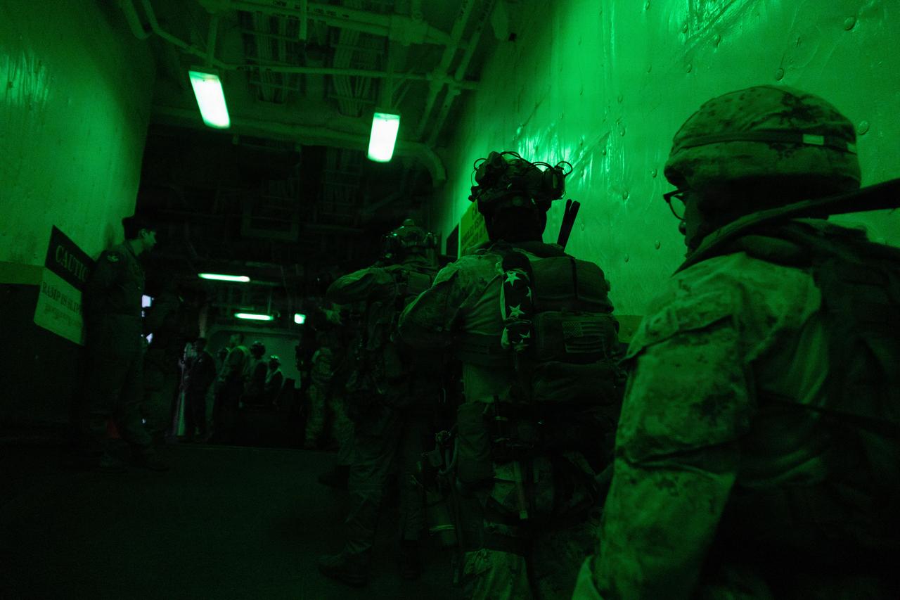 U.S. Marines from the 31st Marine Expeditionary Unit depart USS Tripoli (LHA 7) to board M/V Blue Star III, a commercial ship in violation of the U.S. blockade of Iranian ports, April 28, 2026. (Photo via U.S. Marine Corps)