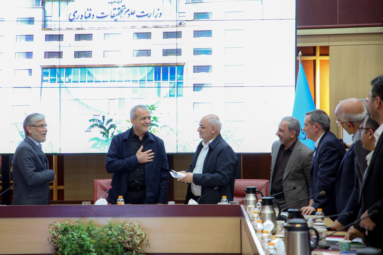 Iranian President Masoud Pezeshkian speaks during a visit and inspection of the Ministry of Science, Research, and Technology in Tehran, Iran, April 19, 2026. (Photo via Iranian Presidency/Handout)