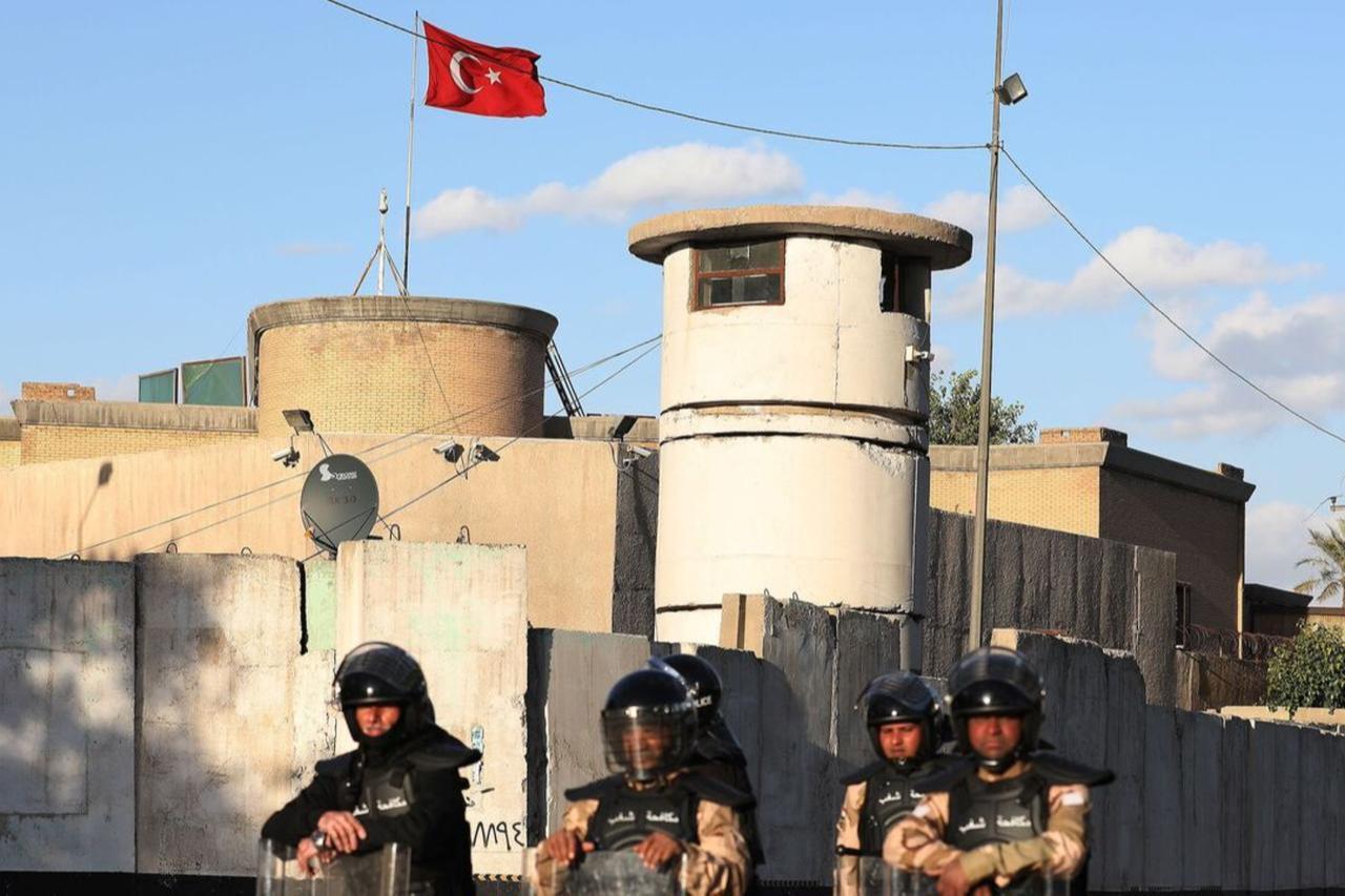 Iraqi riot police protect the Turkish embassy in Baghdad, Iraq on February 18, 2021. (AFP Photo)