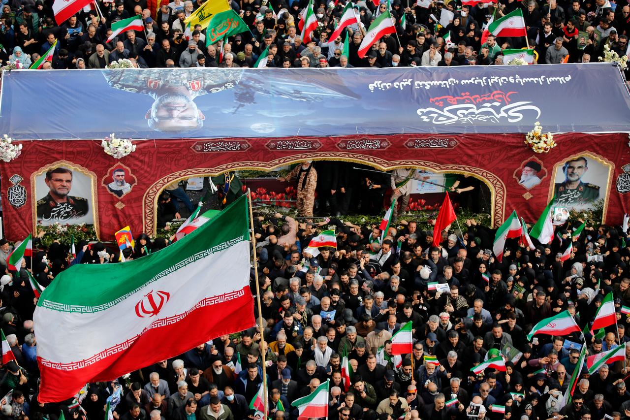 People attend funeral ceremony for Rear Admiral Alireza Tangsiri, Commander of the Islamic Revolutionary Guard Corps Navy, who lost his life in US-Israeli attacks, at Revolution Square in Tehran, Iran, April 01, 2026.  (AA Photo)