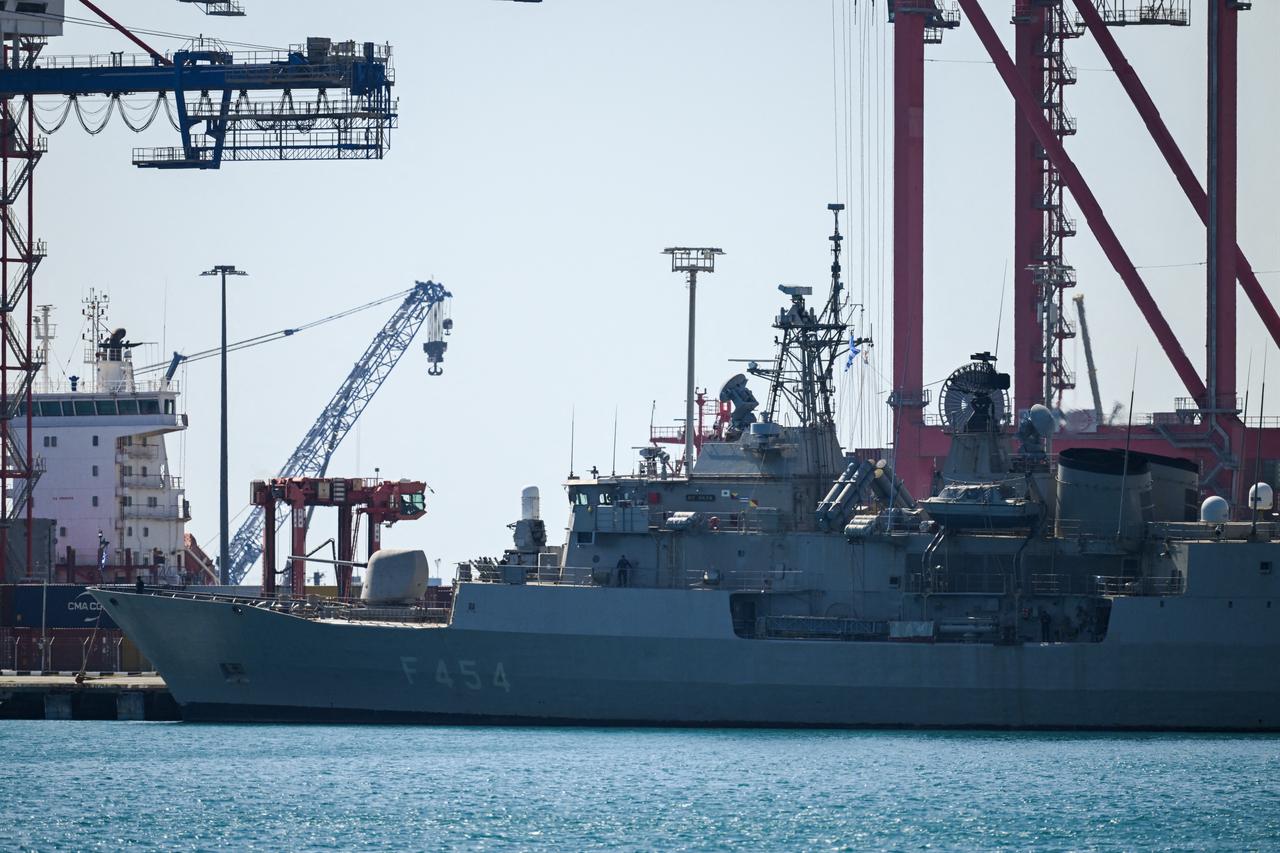 Sailors stand on the Greek frigate Psara docked at a port in Limassol on March 4, 2026. (AFP Photo)