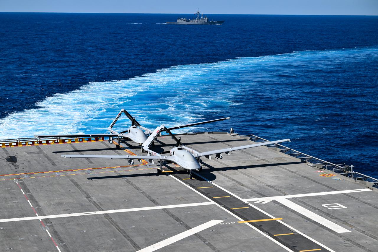 Baykar's Bayraktar TB3 UCAVs at the Distinguished Observer Day activities of the SeaWolf-I/2025 exercise in Antalya, Türkiye, October 10, 2025. (AA Photo)