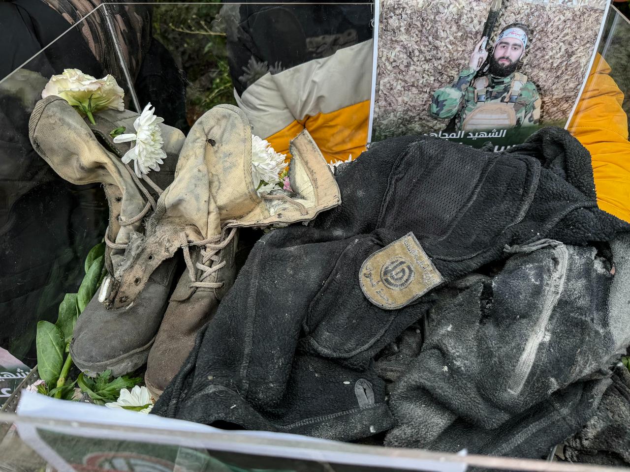 The belongings of a militant from the Hezbollah-allied Amal movement killed in southern Lebanon are displayed during his funeral in the Shayyah neighbourhood of Beirut’s southern suburbs, Lebanon on April 2, 2026. (AFP Photo)