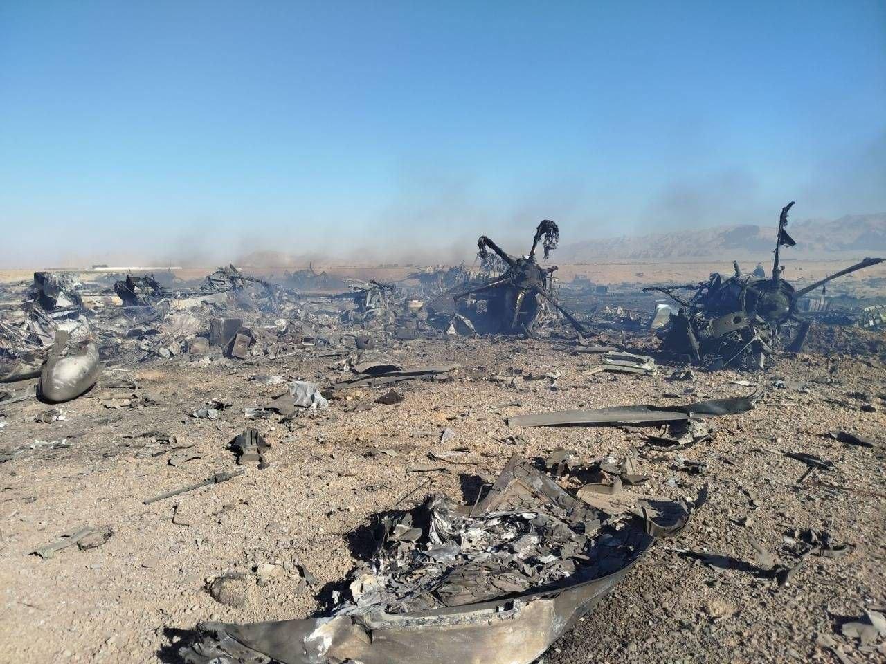 The photos show the aftermath of the scene where the US MC-130J "Commando II" and the MH-6 Little Bird helicopter were destroyed inside Iran during the rescue of a downed F-15E crew member. (Photo via Telegram/Tasnimnews)