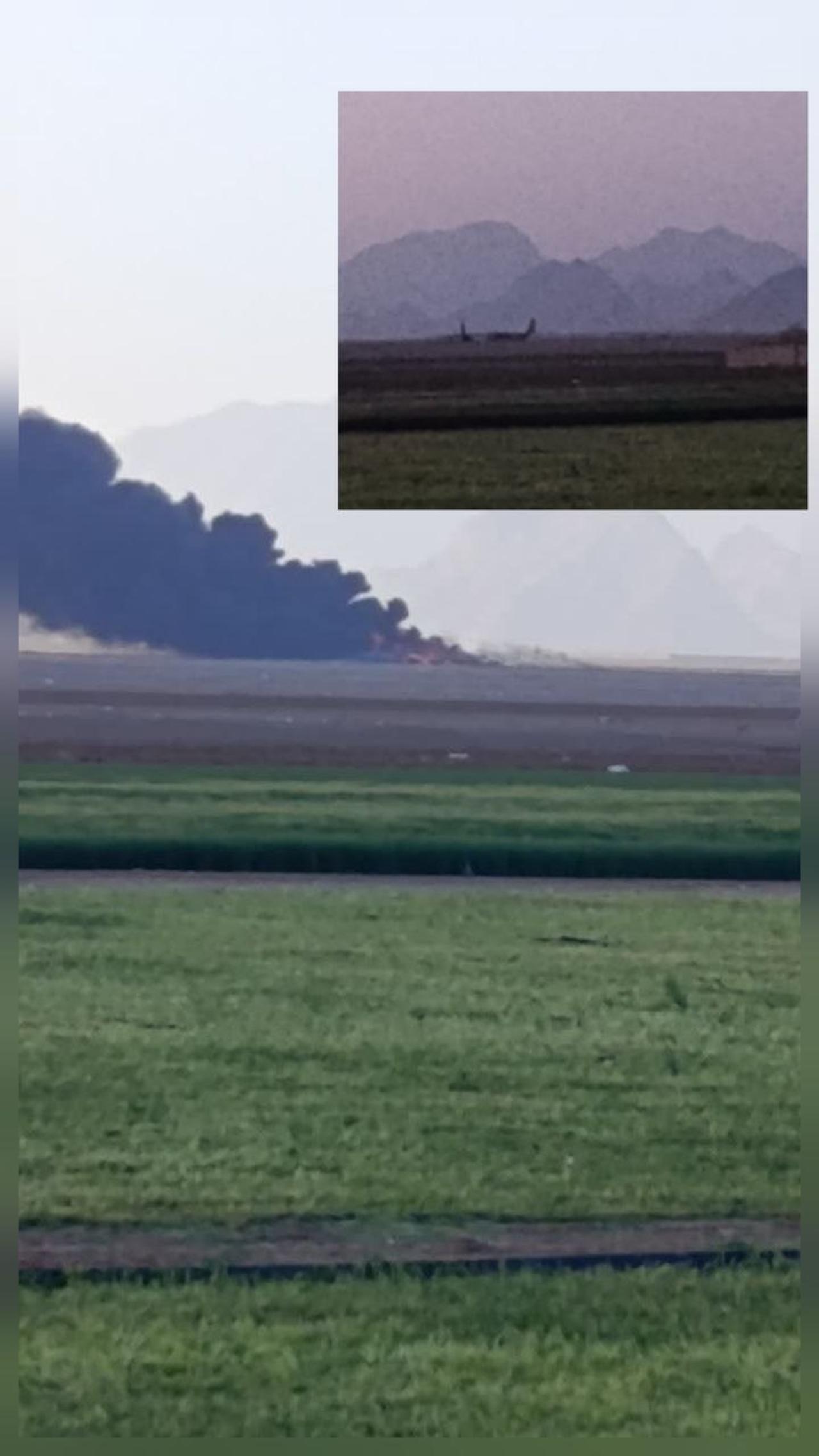 The photo claims to show destroyed US Air Force C-130 aircrafts that participated in the rescue operation of the downed F-15E fighter jet pilots in Iran. (Photo via Telegram/Tasnimnews)