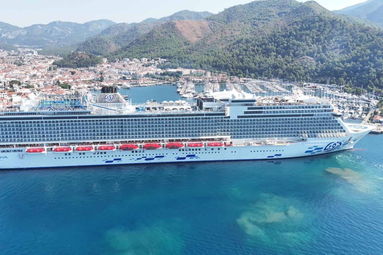 Aroya cruise ship docks at Marmaris district in Mugla, Türkiye, July 8, 2025. (AA Photo)