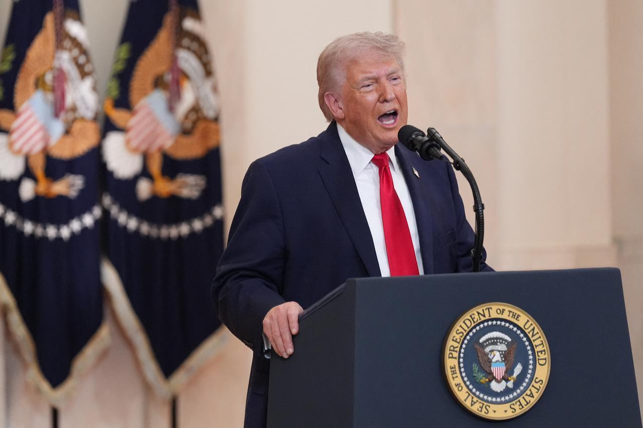 US President Donald Trump speaks during a televised address on the conflict in the Middle East from the Cross Hall of the White House in Washington, DC on April 1, 2026. (AFP Photo)