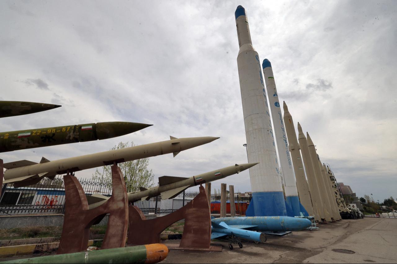 Mockups of domestically-made Iranian missiles are displayed at an exhibition outside the Defence Museum in Tehran, Iran on March 31, 2026. (AFP Photo)
