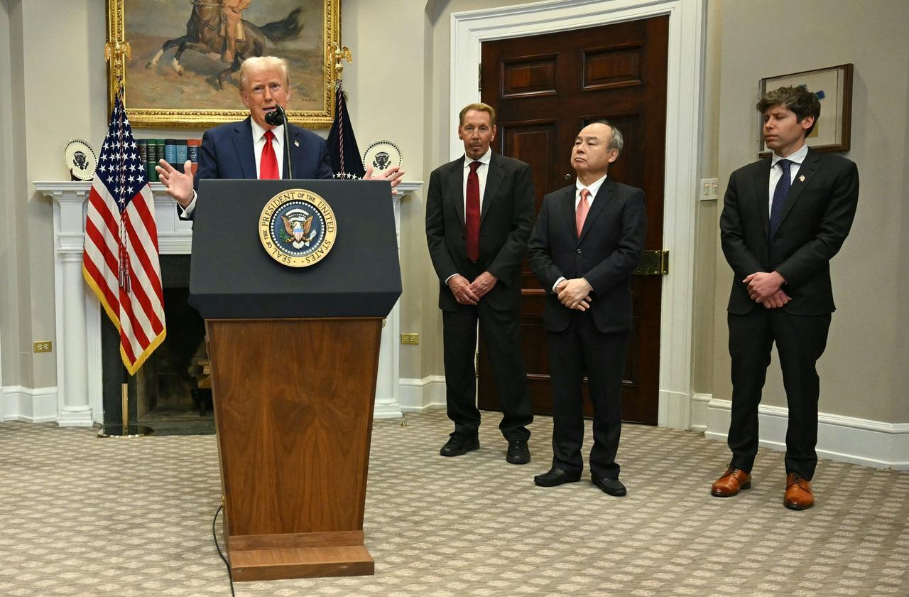 US President Donald Trump speaks in the Roosevelt Room flanked by  Masayoshi Son (2R), Chairman and CEO of SoftBank Group Corp, Larry Ellison (2L), Executive Charmain Oracle and Sam Altman (R), CEO of Open AI at the White House in Washington, DC, U.S, on Jan. 21, 2025. (AFP Photo)