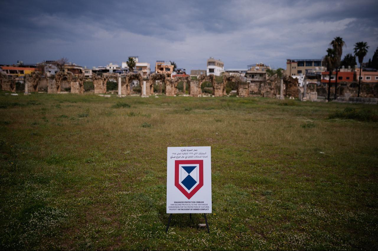An Enhanced Protection Emblem is displayed at the archaeological site of the Roman hippodrome in Tyre, southern Lebanon, March 23, 2026. (AFP Photo)