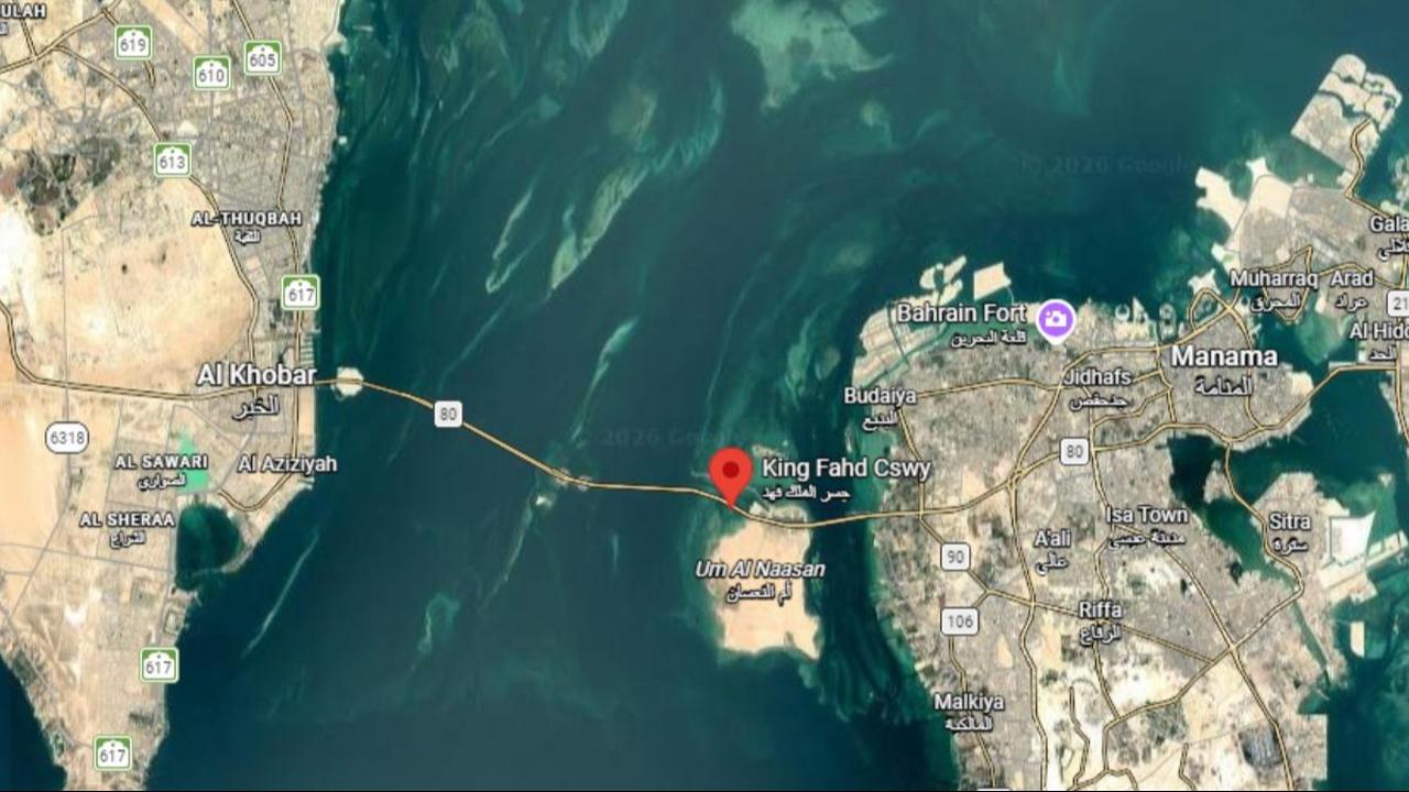 Map shows the King Fahd Causeway linking Al Khobar in Saudi Arabia to Manama in Bahrain across the Gulf. (Image via Google Maps)
