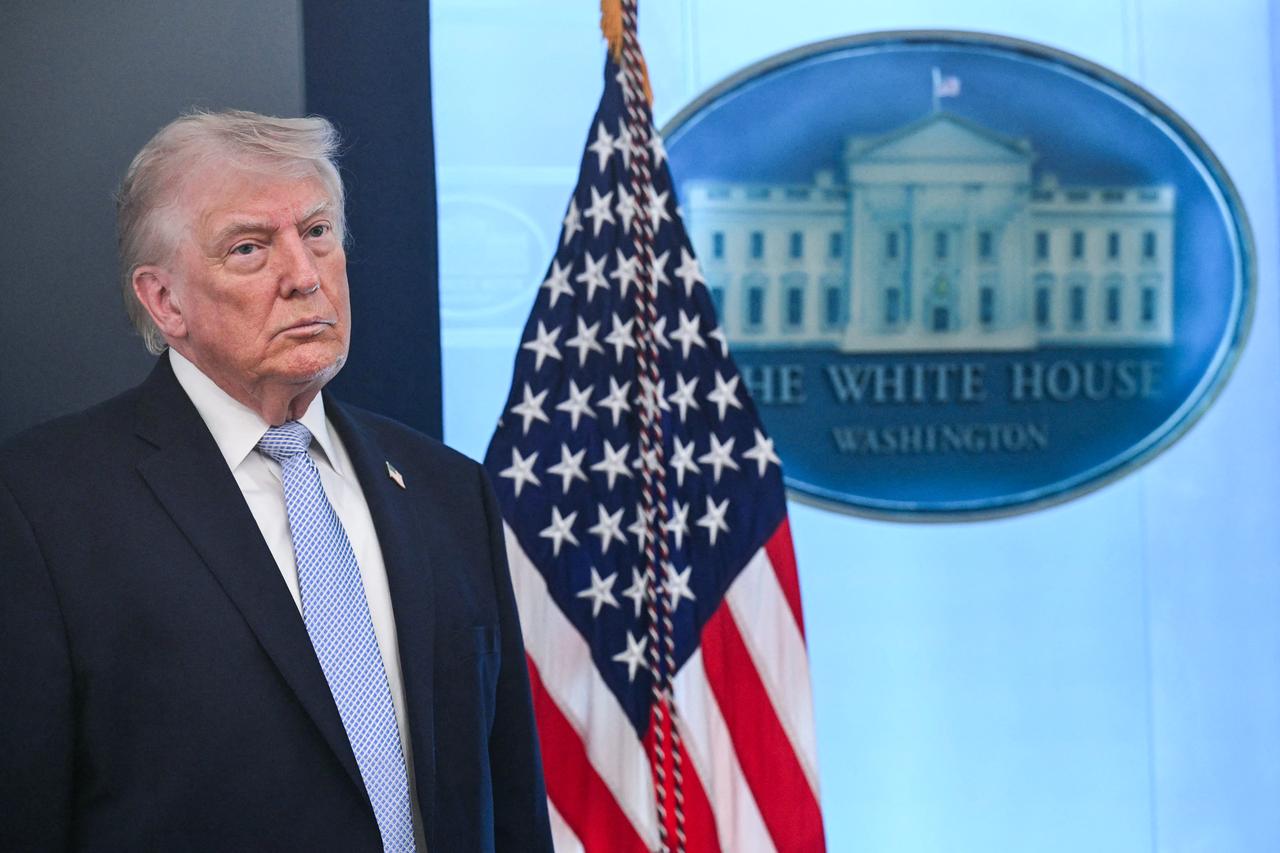 US President Donald Trump looks on during a press conference about the conflict in Iran in the James S. Brady Press Briefing Room of the White House on April 6, 2026, in Washington, DC. (AFP Photo)