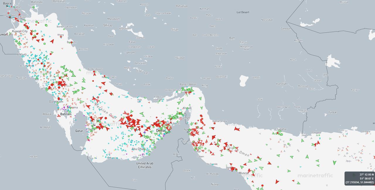 The map shows real-time ship tracking data across the Persian Gulf on April 8, 2026. (Image via MarineTraffic)