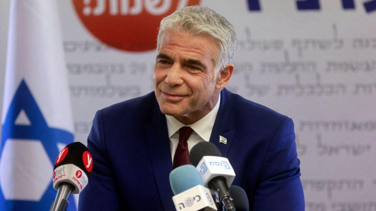 Leader of the Israeli Yesh Atid party, Yair Lapid, gives a statement at his party's office at the Knesset, Israel's Parliament, in Jerusalem on June 7, 2021. (AFP Photo)