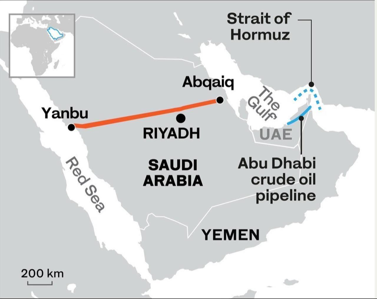 Map shows Saudi Arabia’s East-West oil pipeline linking Abqaiq to Yanbu on the Red Sea. (AFP Graphic)