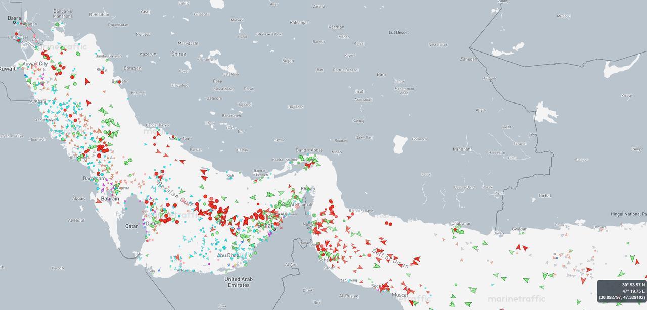 A map showing dense clusters of vessels across the Persian Gulf and near the Strait of Hormuz on April 8, 2026. (Map via MarineTraffic)