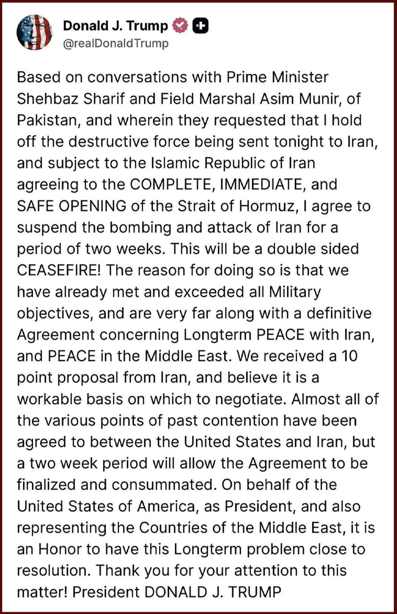 Donald Trump has said he will halt US military action against Iran for two weeks, announcing what he described as a “double-sided ceasefire”. (Screenshot via Truth Social)