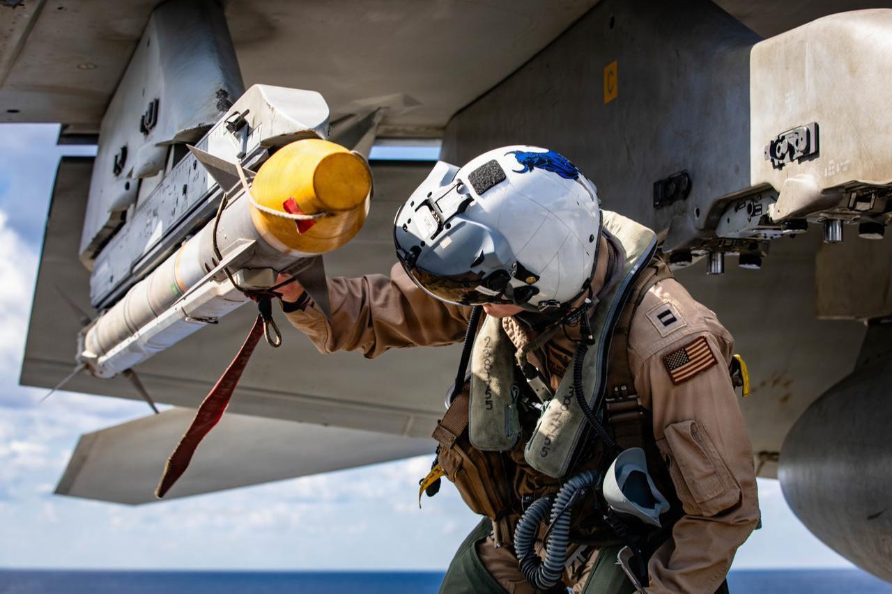 A U.S. Sailor conducts preflight checks on an F/A-18E Super Hornet aircraft, attached to Strike Fighter Squadron 37, on the flight deck of the world's largest aircraft carrier, USS Gerald R. Ford (CVN 78), while operating in support of Operation Epic Fury in the Eastern Mediterranean Sea, March 2, 2026. (U.S. Navy photo)
