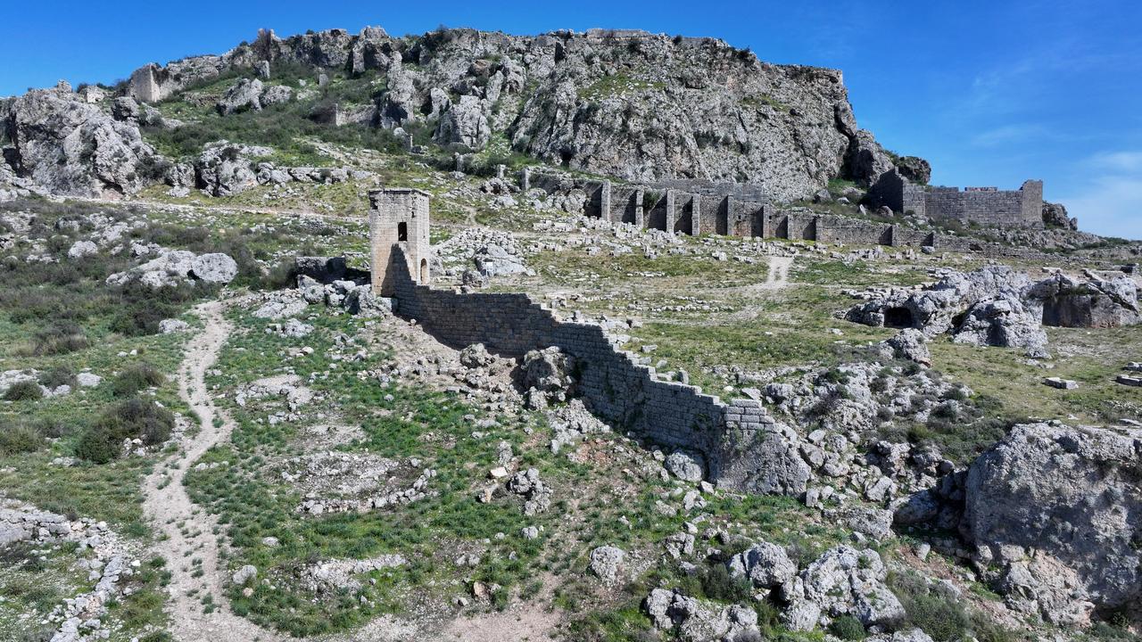 An aerial view of the Hellenistic tower at ancient city of Sillyon in Serik, Antalya, Türkiye. (AA Photo)