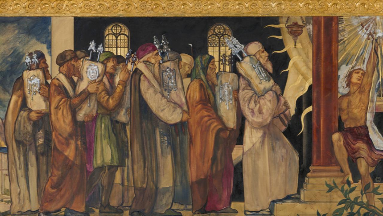 Jews in Spain prepare Torah Scrolls for exile in 1492. (Image via murals.wbtla.org)