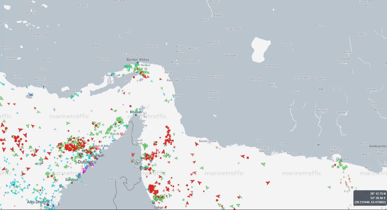 A map shows dense vessel congestion near the Strait of Hormuz on April 9, 2026. (Image via MarineTraffic)