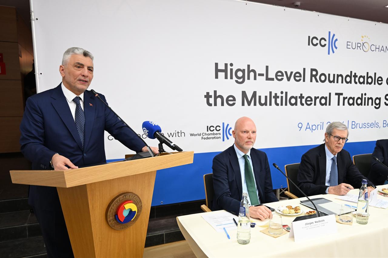 Turkish Trade Minister Omer Bolat speaks at the high-level roundtable meeting in Brussels, Belgium, April 09, 2026. (AA Photo)