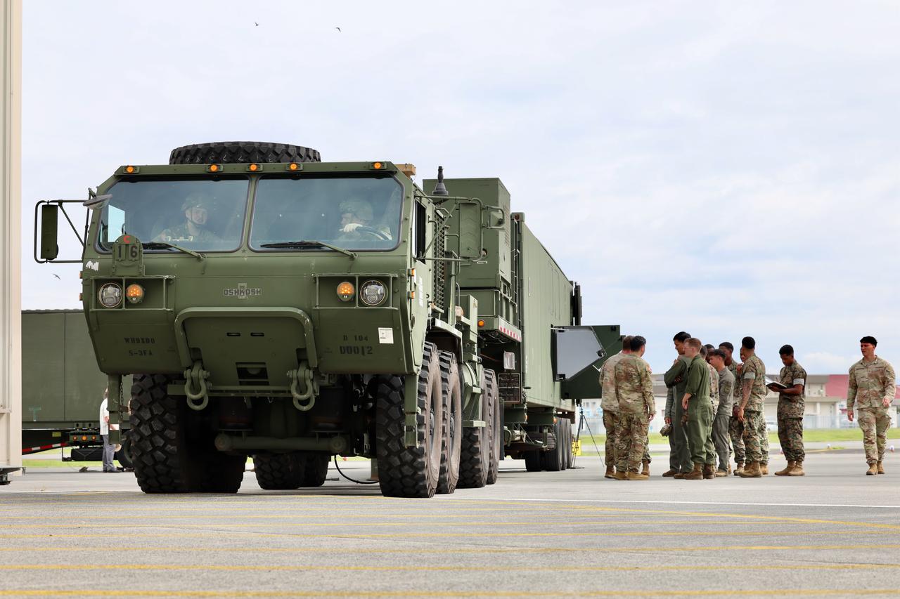 U.S. Marines and Sailors observe and familiarize themselves with the U.S. Army’s Typhon missile system during a training opportunity at Marine Corps Air Station Iwakuni, Japan, Sept. 12, 2025. (Photo via U.S. Army)