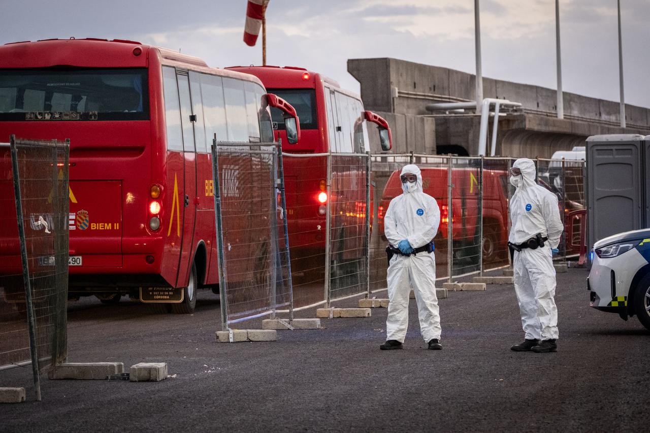 Buses from Spain’s Military Emergency Unit arrive at the port of Granadilla de Abona, on Granadilla Port, Tenerife, Canary Islands, May 10, 2026 (AA Photo)