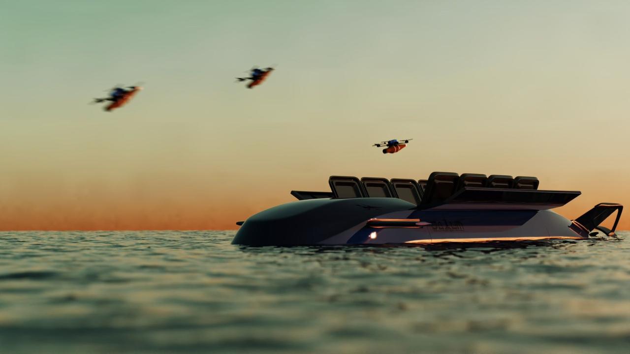 DATUM's CAMD Sinarit modular payload: large-scale unmanned underwater vehicle with a rotary-wing UAV module and swarm-attack capability. (Photo via DATUM Submarine Technologies/HO)