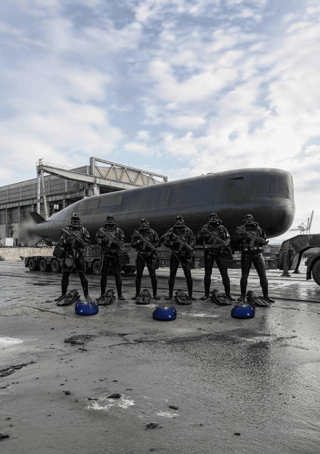 DATUM's CAMD Tranca combat mini submarine and 6 special operations team personnel. (Photo via DATUM Submarine Technologies/HO)