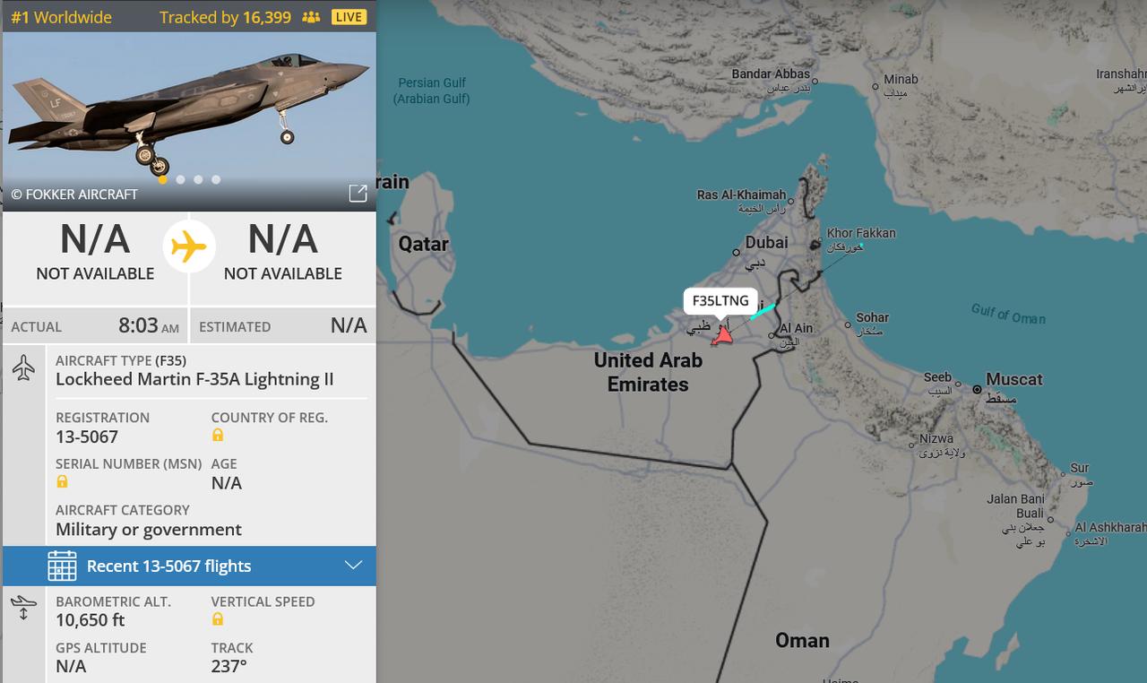 A U.S. Air Force F-35 flying over the UAE after declaring emergency code 7700 over the Sea of Oman near the Strait of Hormuz. (Photo via flightradar24)