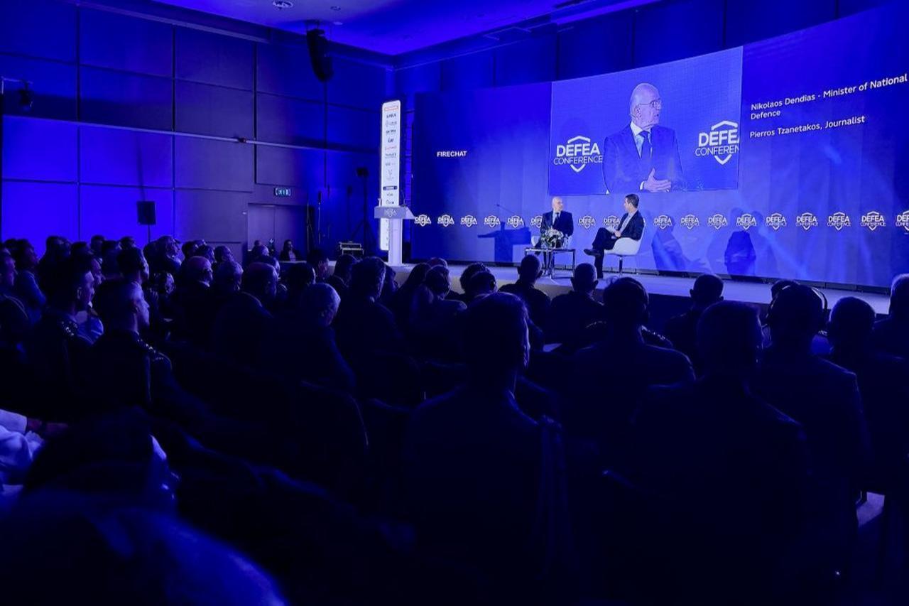 The photo shows Greek Defense Minister Nikos Dendias speaking at DEFEA Conference 2026 in Athens, Greece. (Information Directorate/Ministry of National Defense/Evangelos Karaiskos)