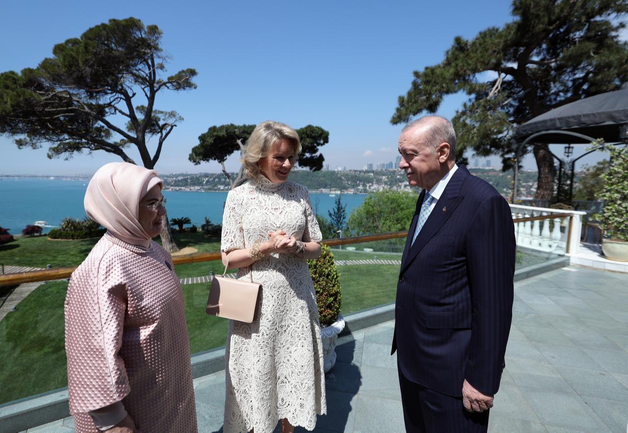 President Recep Tayyip Erdogan and Turkish First Lady Emine Erdogan meet with Queen Mathilde of Belgium at Dolmabahce Palace in Istanbul, May 11, 2026. (Photo via Turkish Presidency/Mustafa Kamaci)