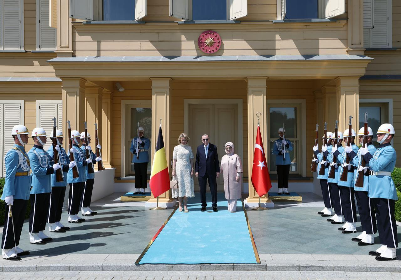 President Recep Tayyip Erdogan and Turkish First Lady Emine Erdogan meet with Queen Mathilde of Belgium at Dolmabahce Palace in Istanbul, May 11, 2026. (Photo via Turkish Presidency/Mustafa Kamaci)