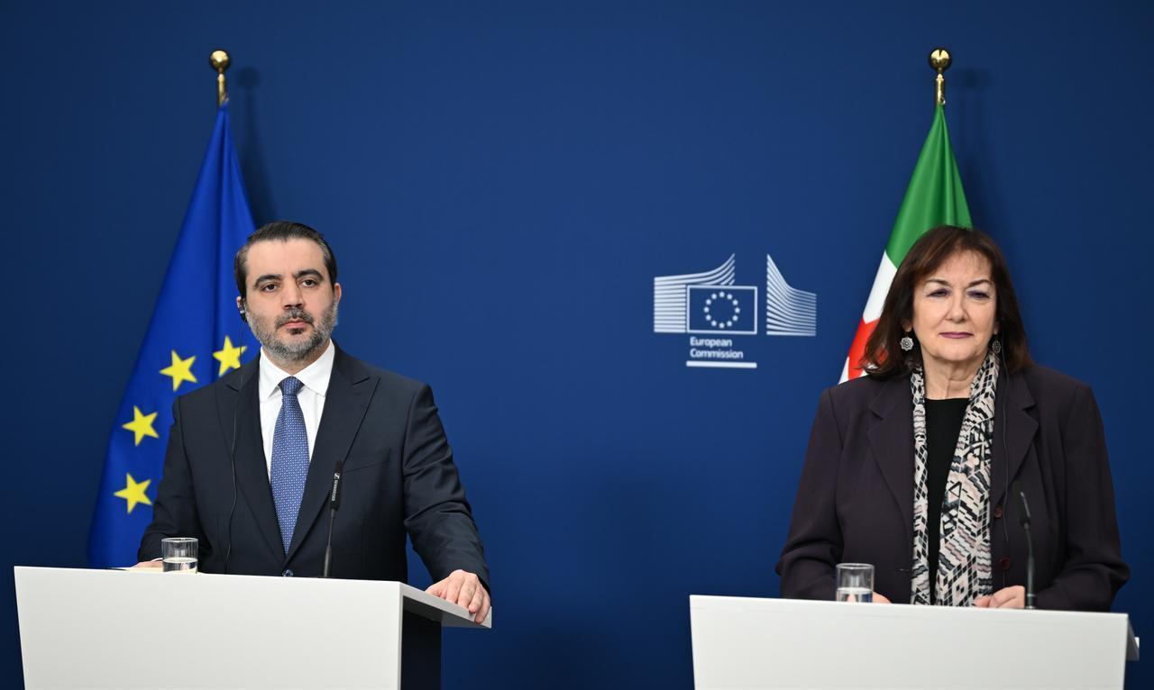 European Commission member responsible for the Mediterranean, Dubravka Suica (R), and Syrian FM Asad Hassan Sheybani hold a joint press conference in Brussels, Belgium, May 11, 2026. (AA Photo)