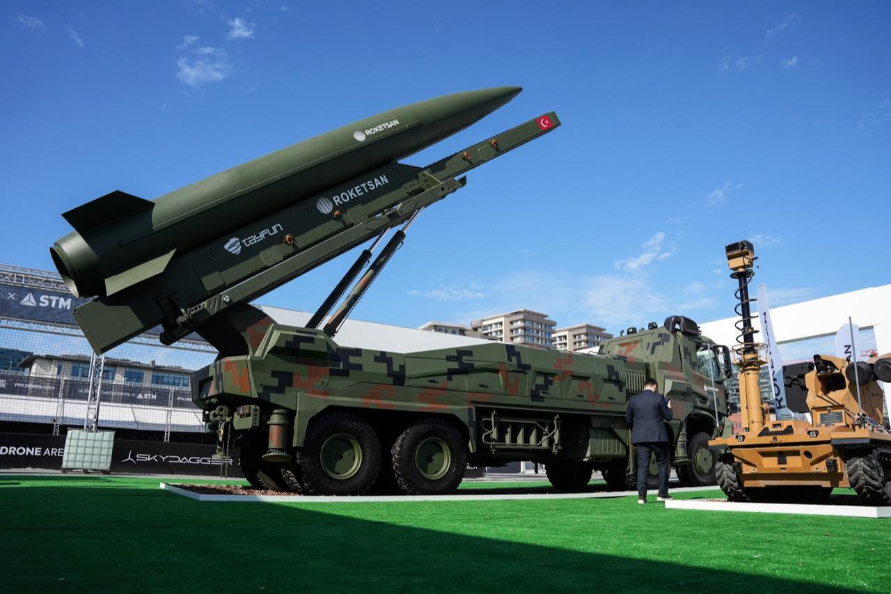 Tayfun (Typhoon) Block-4 ballistic missile developed by Roketsan is on display at SAHA 2026 in Istanbul, May, 2026. (IHA Photo)