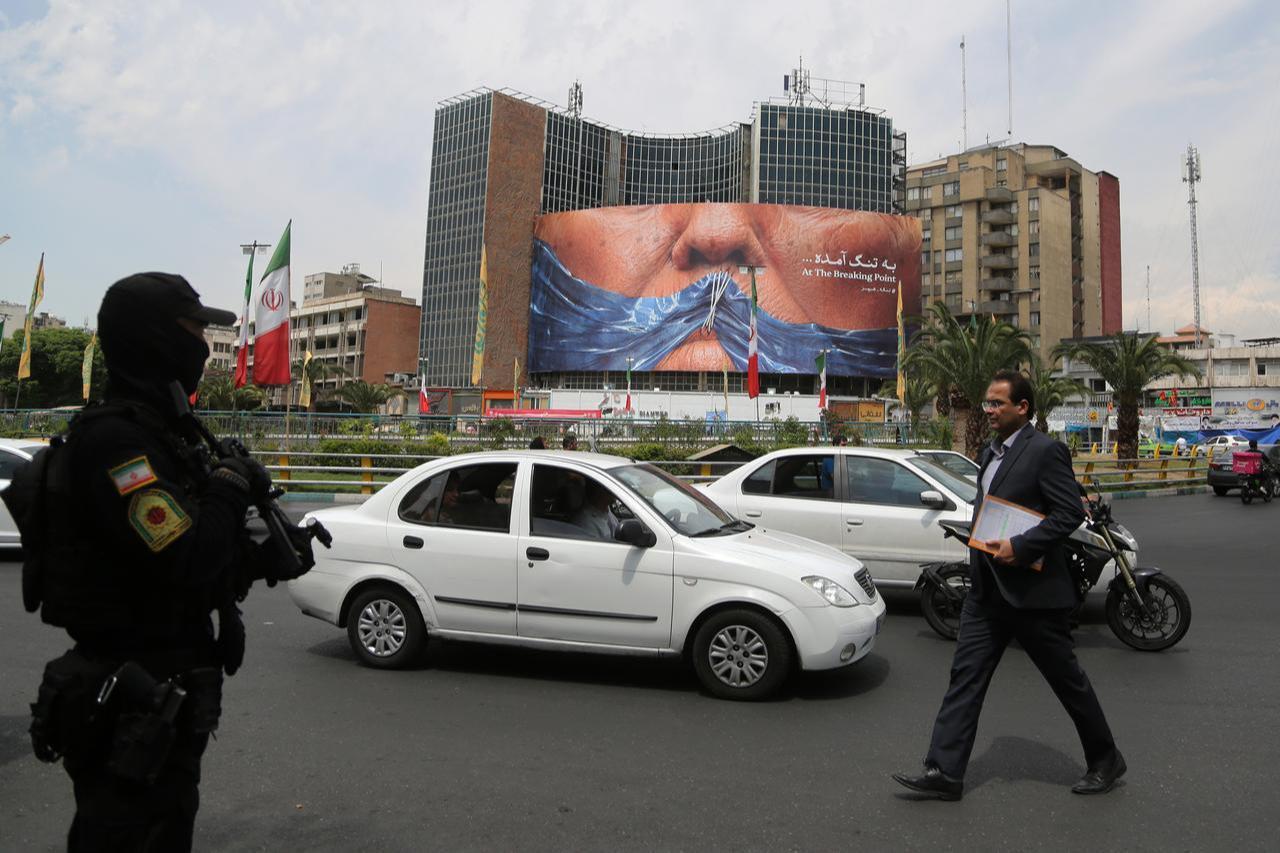 A giant banner depicting the Strait of Hormuz is displayed at Vali-e Asr Square, featuring the phrase “At the breaking point" in Tehran, Iran, May 2, 2026. (AA Photo)