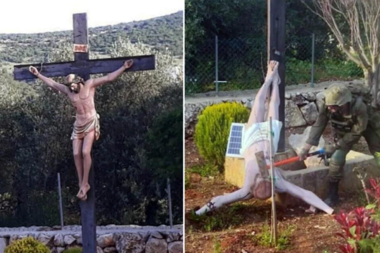 A statue of Jesus is seen intact before the incident (L), while an Israeli soldier appears to damage the figure with an axe in Deir Seryan, southern Lebanon, in images shared on April 19, 2026. (Photo via X/@ytirawi)